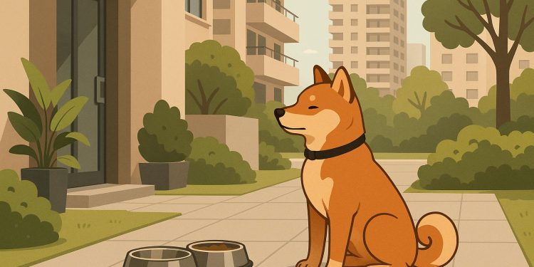 Dog on leash walking politely through a modern condo hallway, illustrating good urban pet manners