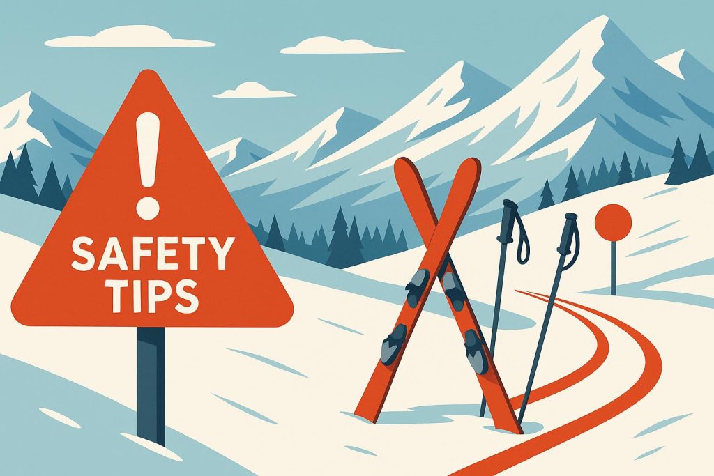 Alpine skier navigating snowy slope with visible safety gear and mountainous winter scenery