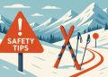 Alpine skier navigating snowy slope with visible safety gear and mountainous winter scenery