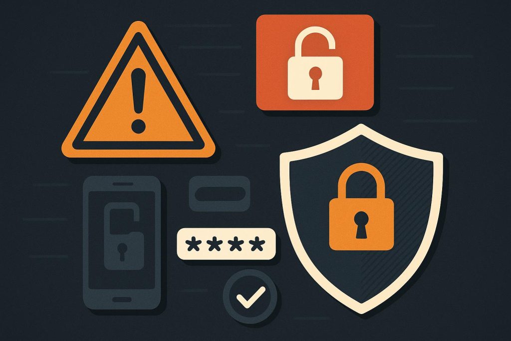 Multi-factor authentication verification process with security icons highlighting data protection risks