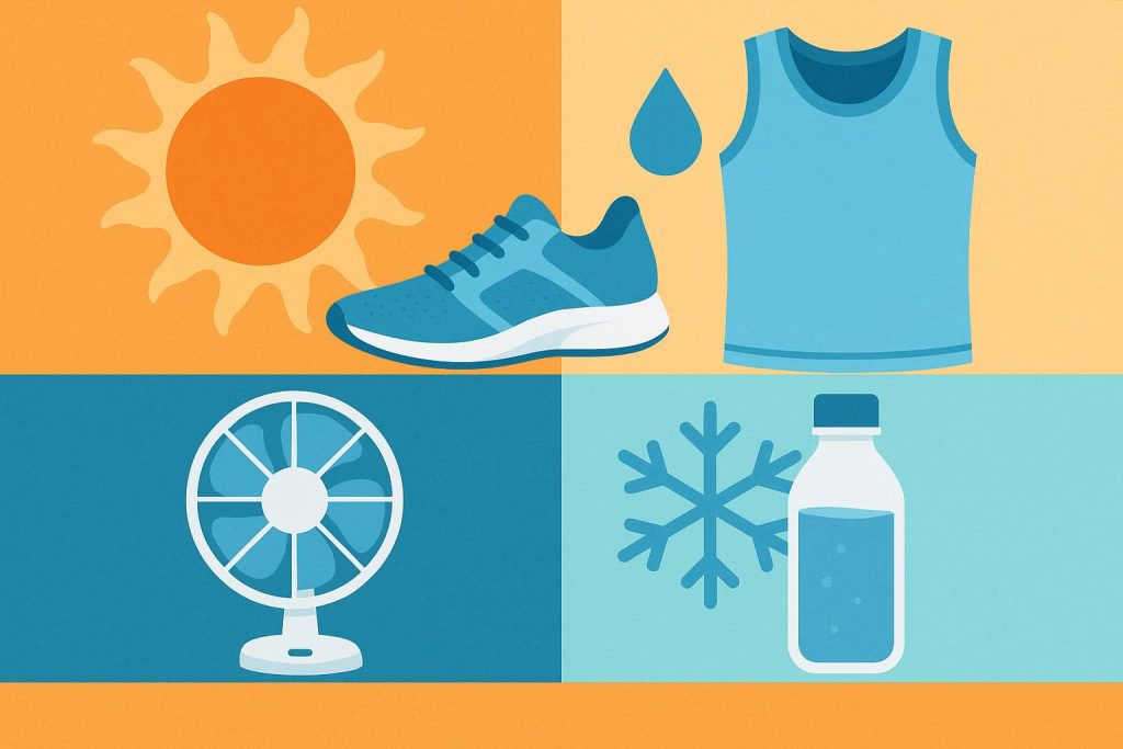 Person jogging in summer wearing lightweight clothing and drinking water to stay cool while exercising