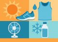Person jogging in summer wearing lightweight clothing and drinking water to stay cool while exercising