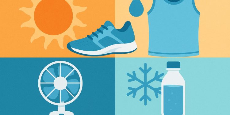 Person jogging in summer wearing lightweight clothing and drinking water to stay cool while exercising