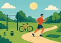 Group exercising in a sunny park with yoga mats and fitness equipment for outdoor health benefits