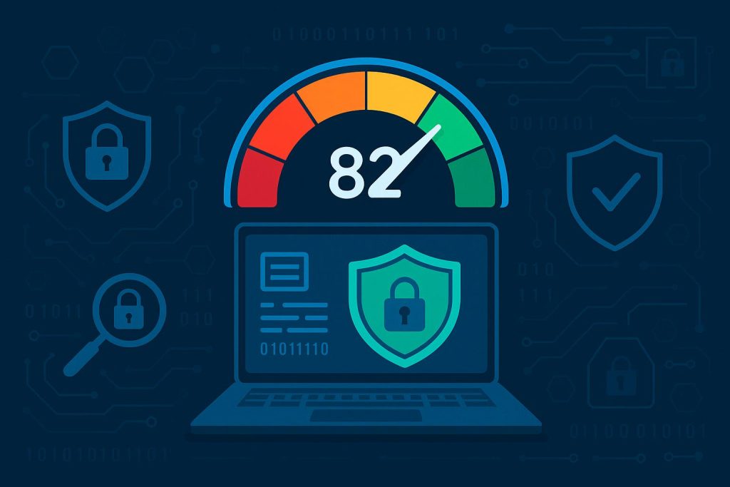 Cybersecurity health check dashboard showing risk score for businesses in minutes