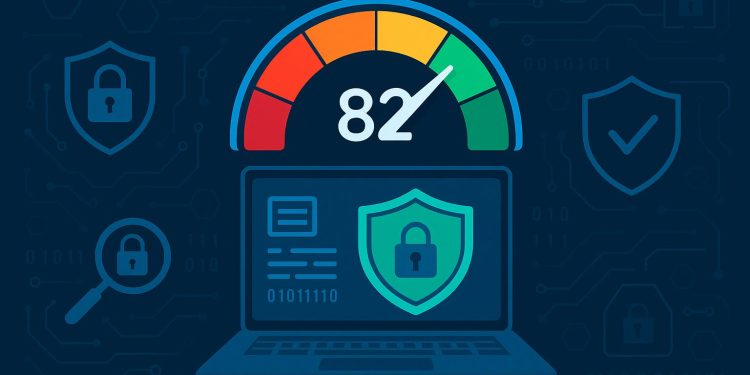 Cybersecurity health check dashboard showing risk score for businesses in minutes
