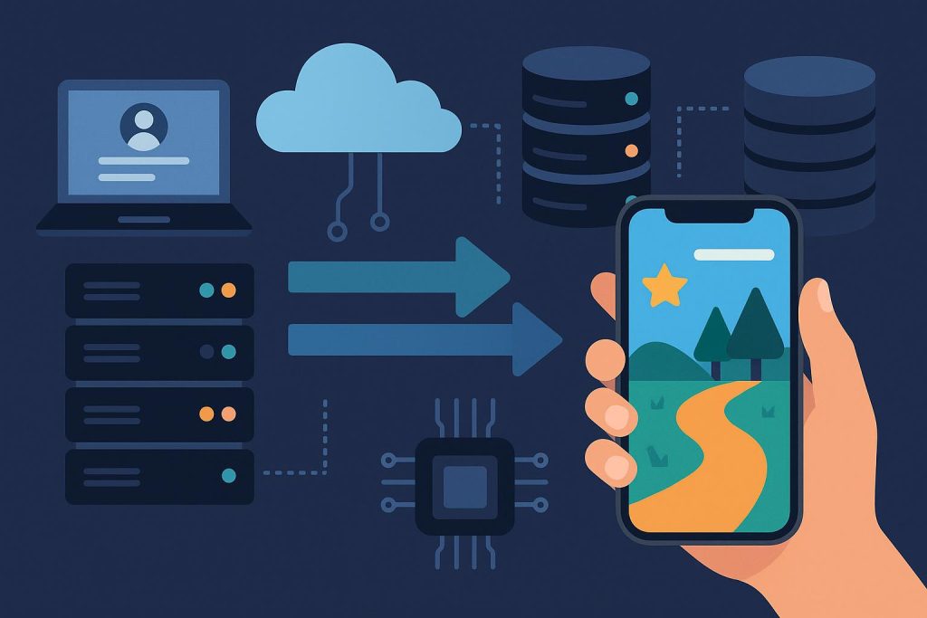 Mobile game user interface illustrating backend technology and seamless gameplay experience