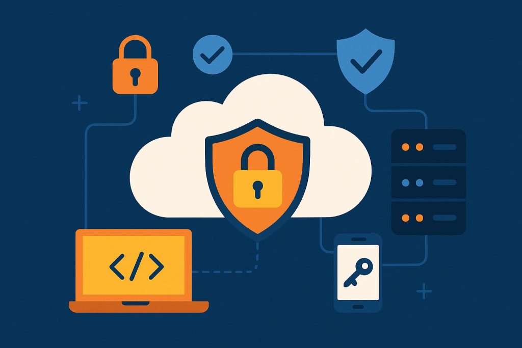 Cloud application security best practices illustration with shield and cloud icons