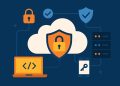 Cloud application security best practices illustration with shield and cloud icons