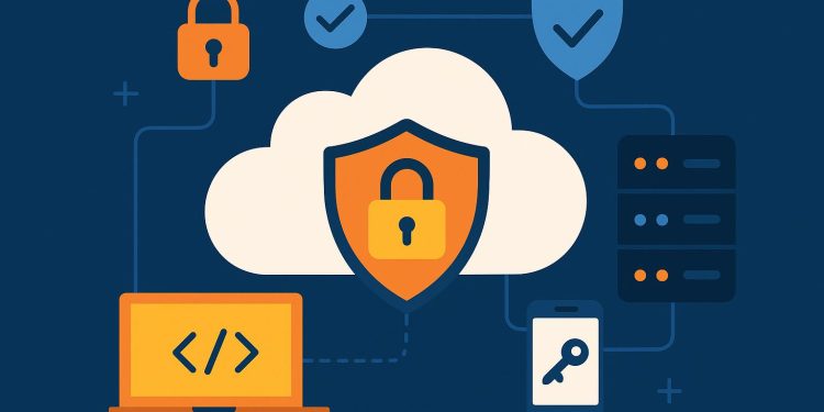 Cloud application security best practices illustration with shield and cloud icons