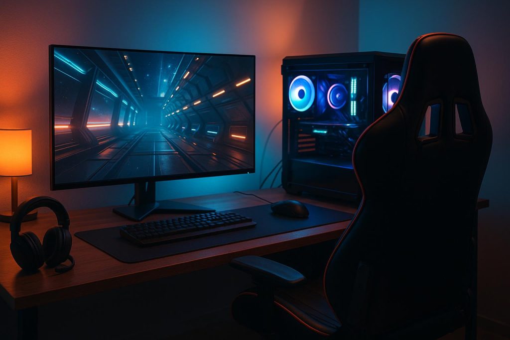 Modern gaming setup with dual monitors, ergonomic chair, LED lighting, and surround sound
