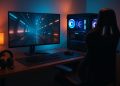 Modern gaming setup with dual monitors, ergonomic chair, LED lighting, and surround sound