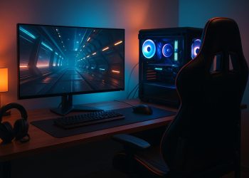 Modern gaming setup with dual monitors, ergonomic chair, LED lighting, and surround sound