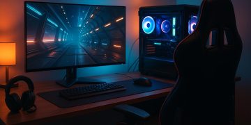 Modern gaming setup with dual monitors, ergonomic chair, LED lighting, and surround sound