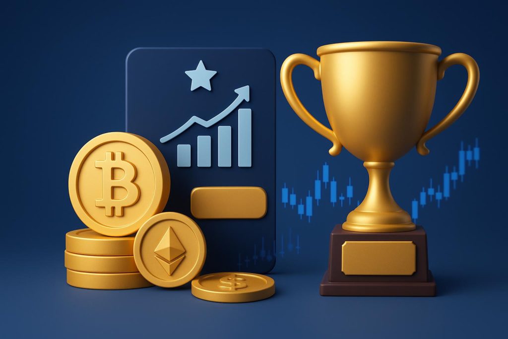 TradeQuo platform interface showcasing crypto trading features and broker award recognition