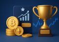 TradeQuo platform interface showcasing crypto trading features and broker award recognition