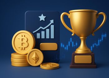 TradeQuo platform interface showcasing crypto trading features and broker award recognition