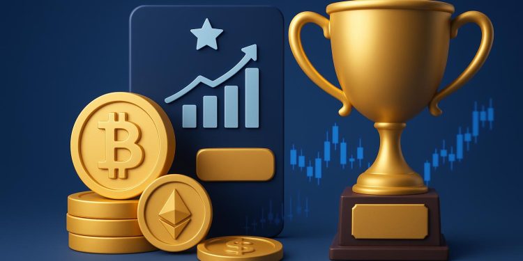 TradeQuo platform interface showcasing crypto trading features and broker award recognition