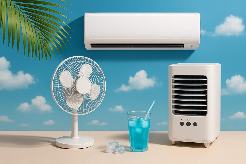 Modern air conditioner and ceiling fan in a bright living room for effective summer cooling solutions