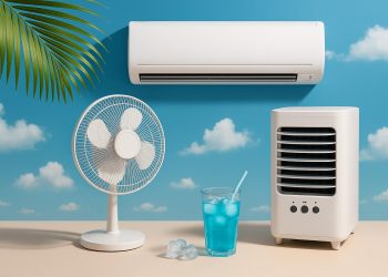 Modern air conditioner and ceiling fan in a bright living room for effective summer cooling solutions