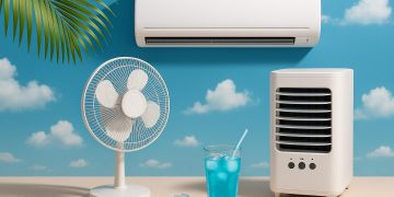 Modern air conditioner and ceiling fan in a bright living room for effective summer cooling solutions