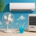 Modern air conditioner and ceiling fan in a bright living room for effective summer cooling solutions