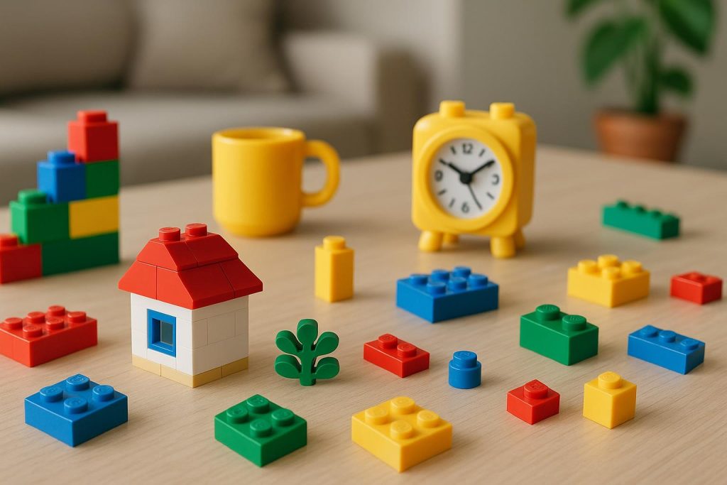 Colorful LEGO bricks scattered on a table, illustrating the significance of LEGO in everyday life