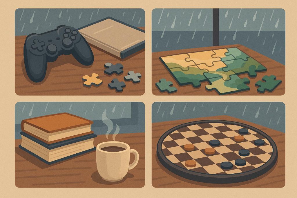 Board games, movie marathon, creative crafts, and reading as fun indoor activities on rainy days
