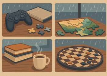 Board games, movie marathon, creative crafts, and reading as fun indoor activities on rainy days