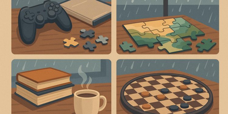 Board games, movie marathon, creative crafts, and reading as fun indoor activities on rainy days