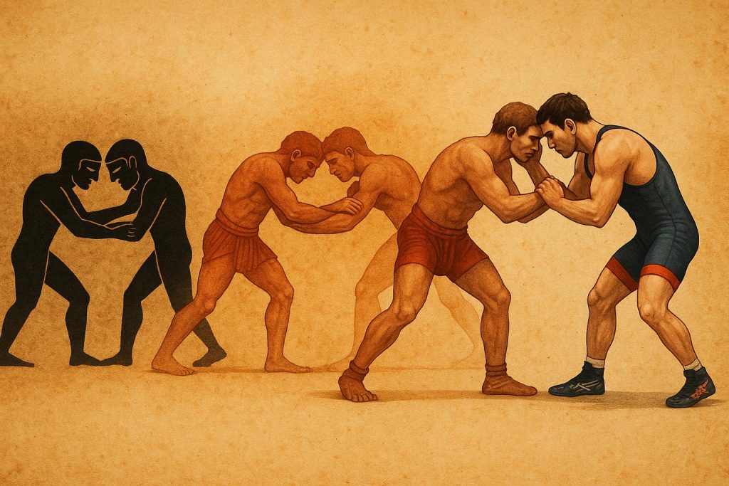 Ancient and modern wrestling scenes illustrating the sport’s transformation over centuries