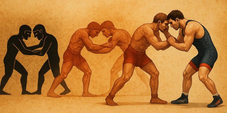Ancient and modern wrestling scenes illustrating the sport’s transformation over centuries