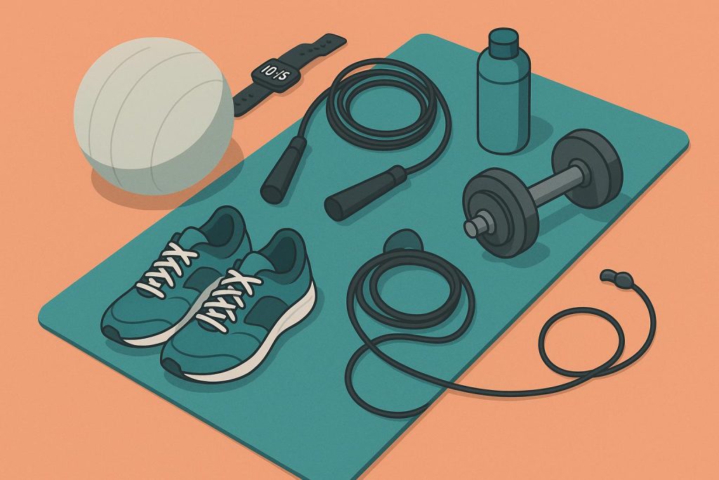 Healthy lifestyle concept with workout equipment, fruits, and a water bottle for daily fitness routine