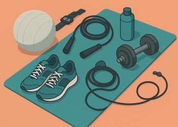 Healthy lifestyle concept with workout equipment, fruits, and a water bottle for daily fitness routine