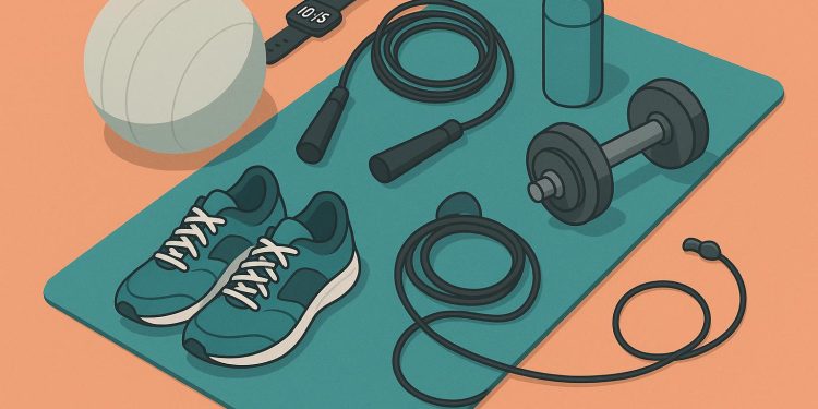 Healthy lifestyle concept with workout equipment, fruits, and a water bottle for daily fitness routine