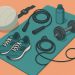 Healthy lifestyle concept with workout equipment, fruits, and a water bottle for daily fitness routine