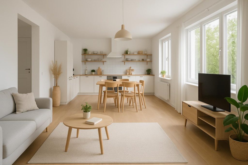 Modern open-plan living room with spacious layout, natural light, and minimalist decor