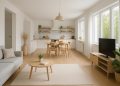 Modern open-plan living room with spacious layout, natural light, and minimalist decor