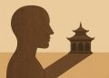 Minimalist workspace with meditation objects symbolizing modern spirituality outside traditional temples
