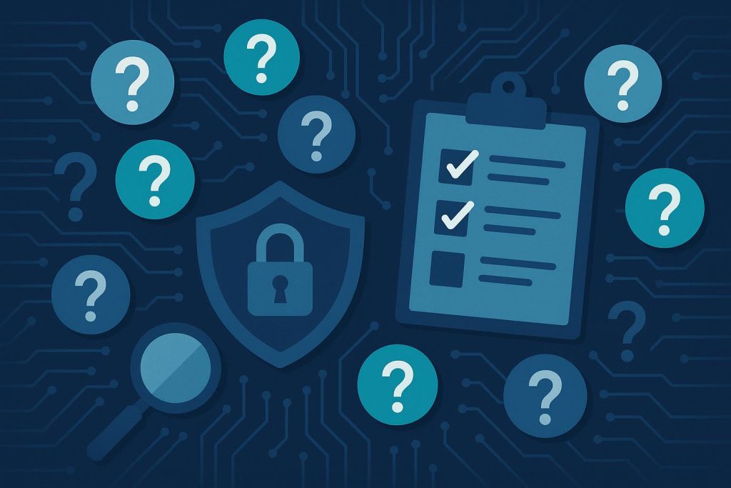 Cybersecurity expert analyzing data with digital shield and lock icons representing risk assessment