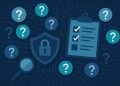 Cybersecurity expert analyzing data with digital shield and lock icons representing risk assessment