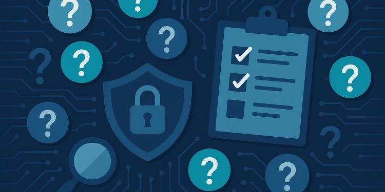 Cybersecurity expert analyzing data with digital shield and lock icons representing risk assessment
