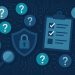 Cybersecurity expert analyzing data with digital shield and lock icons representing risk assessment