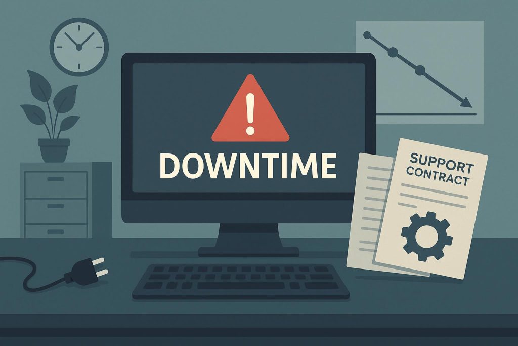 Server room with caution sign symbolizing IT downtime impact on small business operations