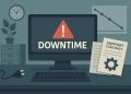 Server room with caution sign symbolizing IT downtime impact on small business operations