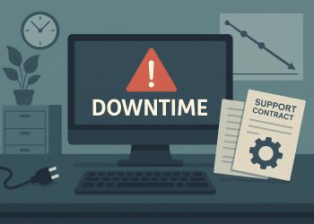 Server room with caution sign symbolizing IT downtime impact on small business operations
