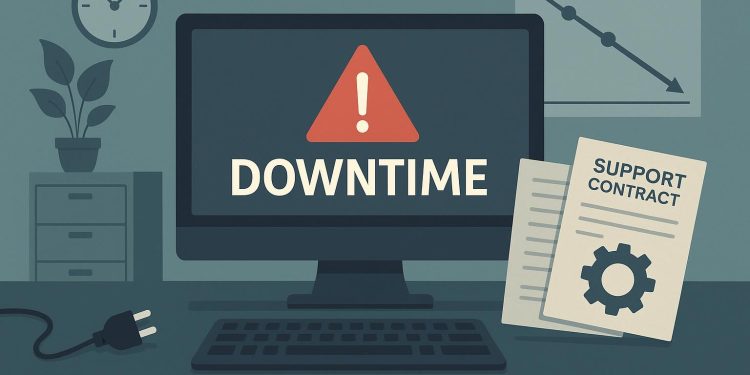 Server room with caution sign symbolizing IT downtime impact on small business operations
