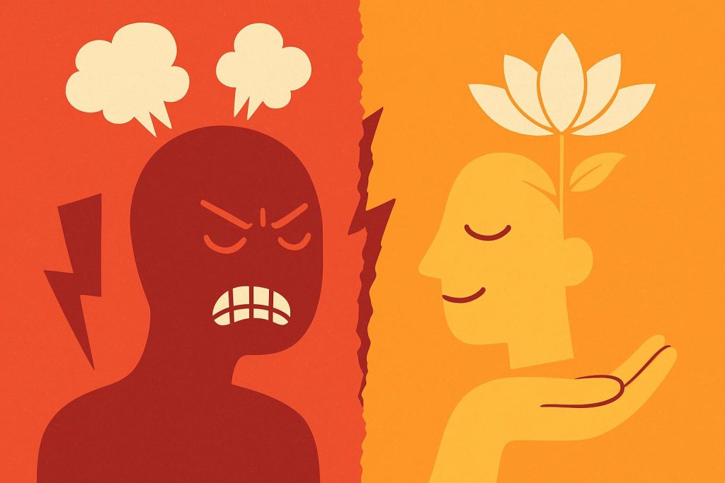 Calm individual practicing deep breathing techniques to manage and channel anger positively