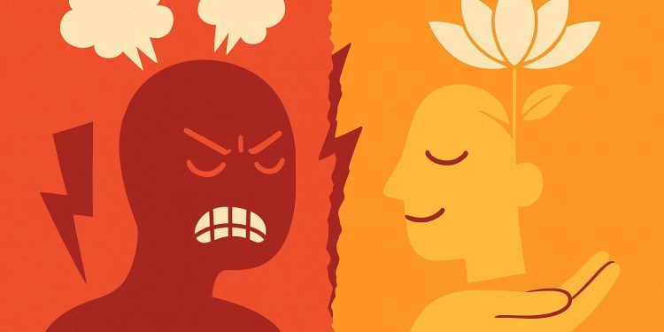 Calm individual practicing deep breathing techniques to manage and channel anger positively