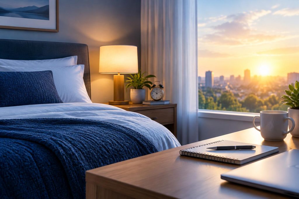 Cozy bedroom with soft lighting promoting restful sleep for increased daily productivity